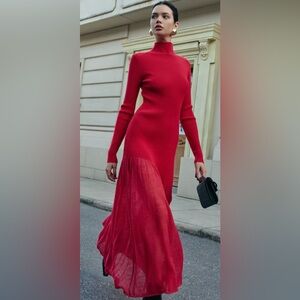 Commense Scarlet Ribbed Maxi Dress with Sheer Panel